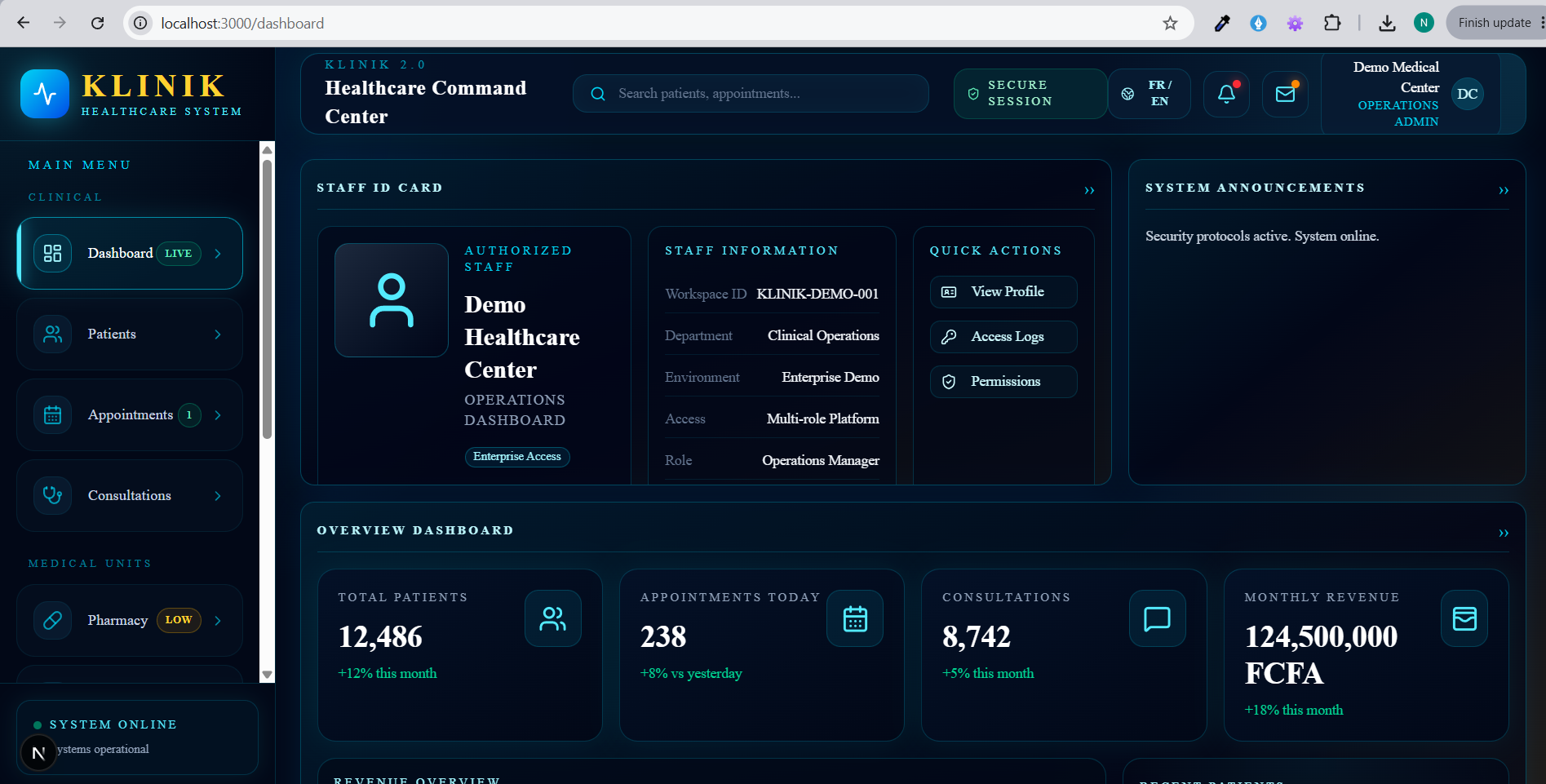 KLINIK 2.0 Healthcare Command Center Dashboard